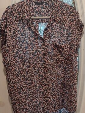next Navy Floral Short-Sleeve Button Front Blouse with Pink Flowers